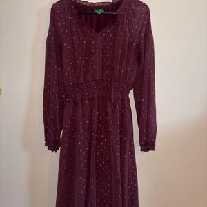 Deep Maroon Long Sleeve Dress with Delicate Dots